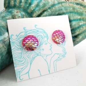 Pink Mermaid Scale Flatback Stud Earrings